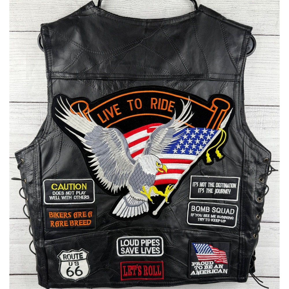 Diamond-Plate Buffalo Leather Biker Vest Mens S Black Patchwork Eagle Patches‎